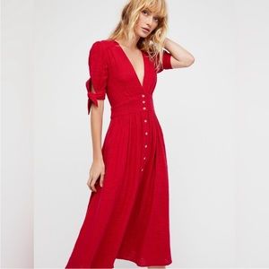 Free People Red Love of My Life Midi Dress Size Small with Sleeves and Buttons